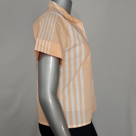 Vintage Blair Top Button Collar Short Sleeve Vertical Stripe Large Retro Coral - Picture 4 of 6